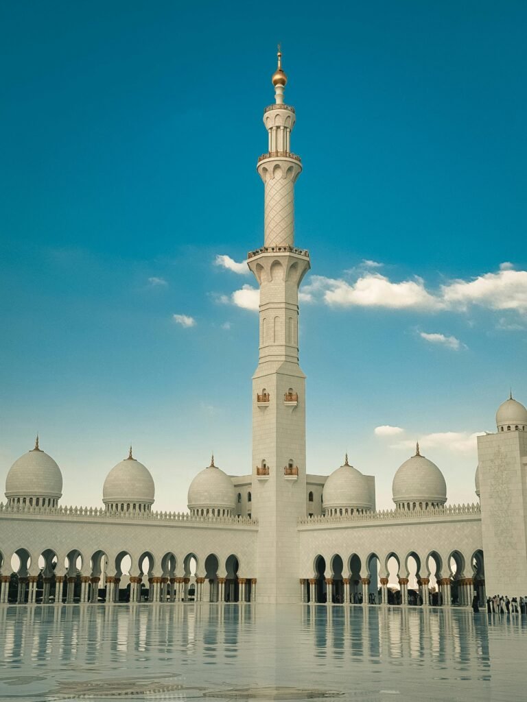 A stunning view of the Sheikh Zayed Grand Mosque's architecture under a clear blue sky in Abu Dhabi.